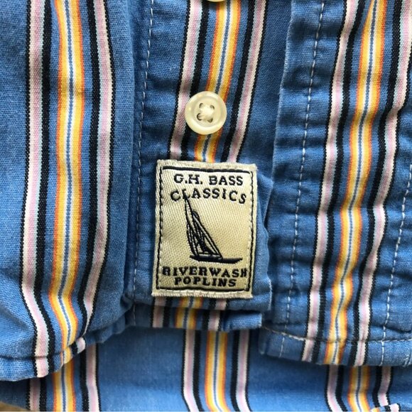 G.H. Bass & Co. Mens Shirt Large Striped Long Sleeve Button Down Casual Blue - Picture 7 of 9
